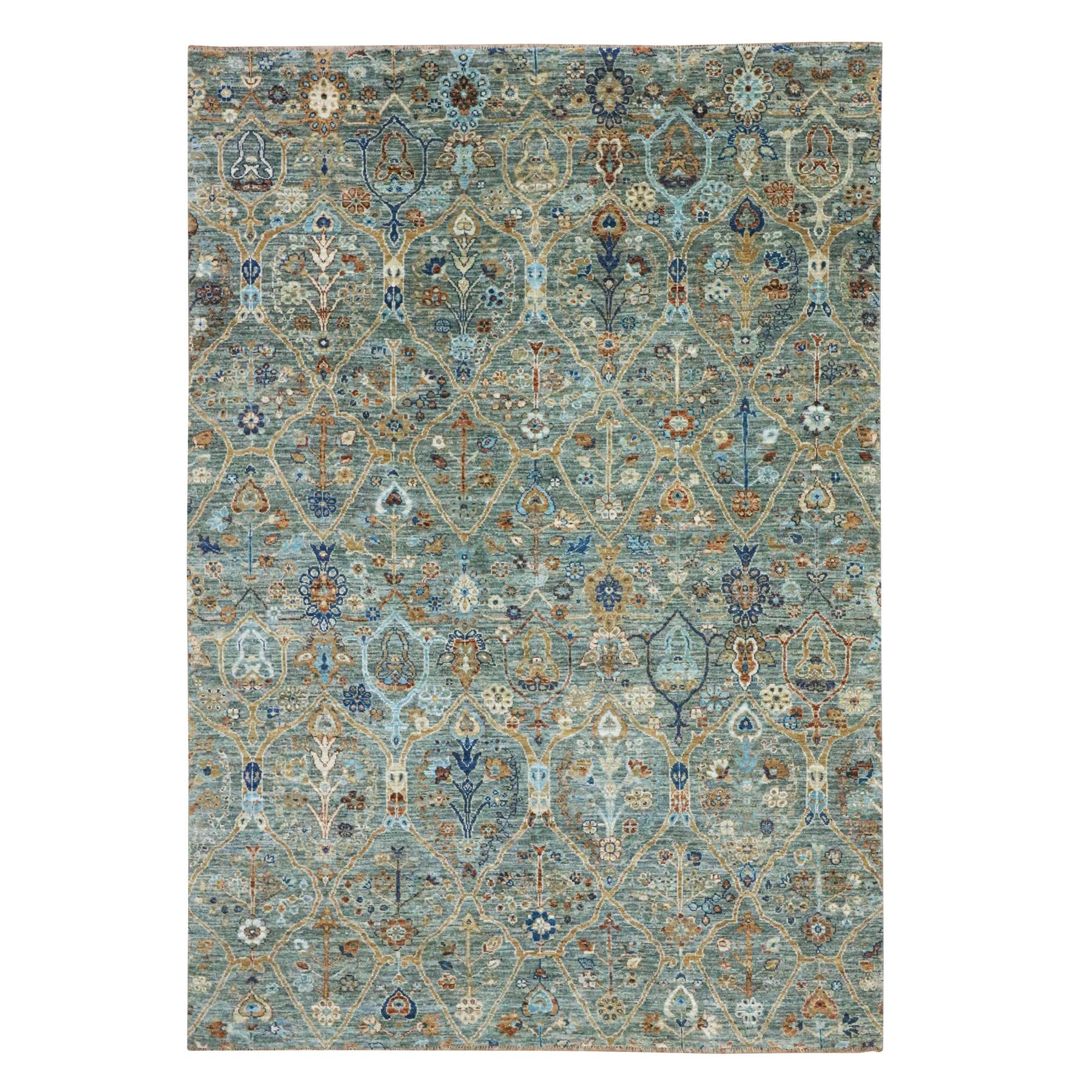 Sage Green, Hand Knotted, Trellis Borderless Garden Design, Agra, Hand Spun New Zealand Wool,
Oriental Rug